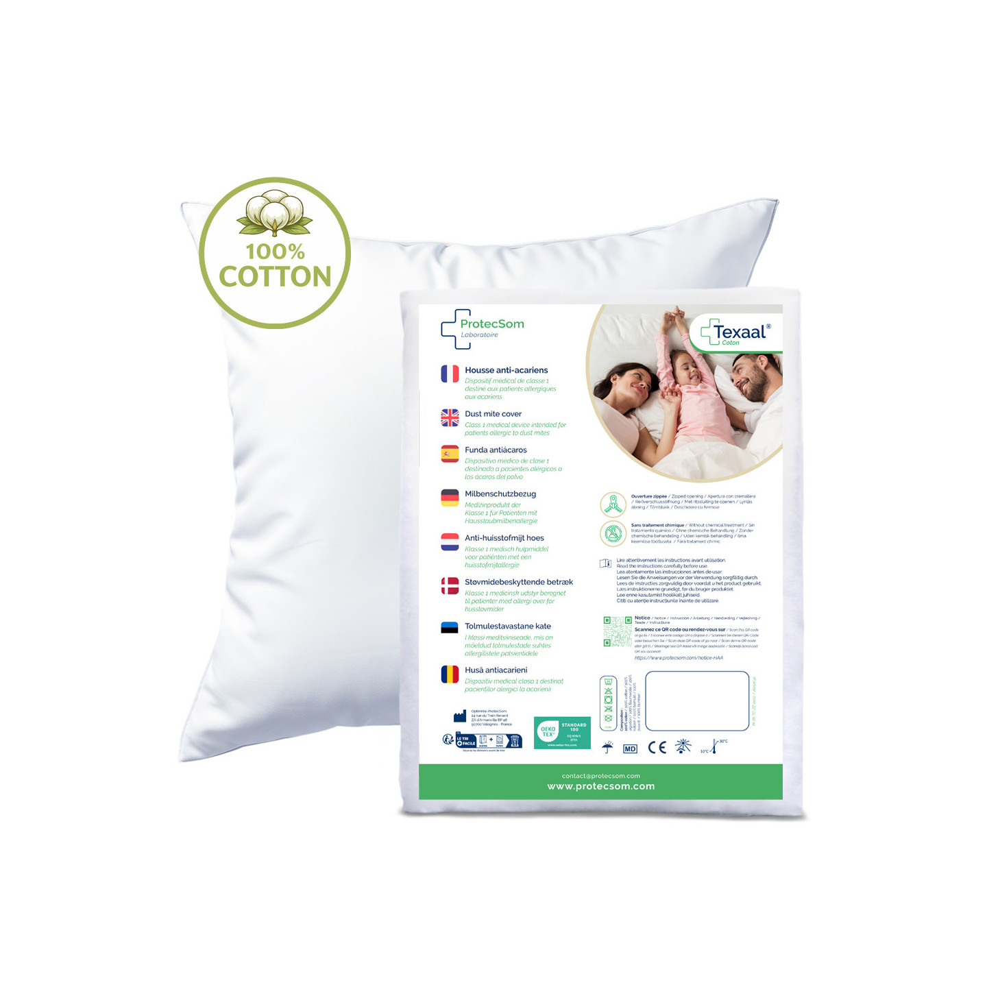Kissenbezug gegen Hausstaubmilben – 100 % Baumwolle – Texaal®